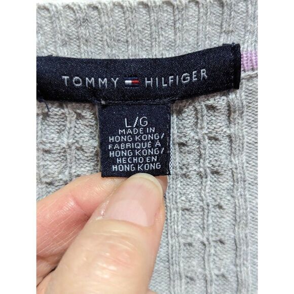 Tommy Hilfiger Women's Large Gray Cotton Classic Cable Knit V-Neck Sweater - Picture 2 of 5